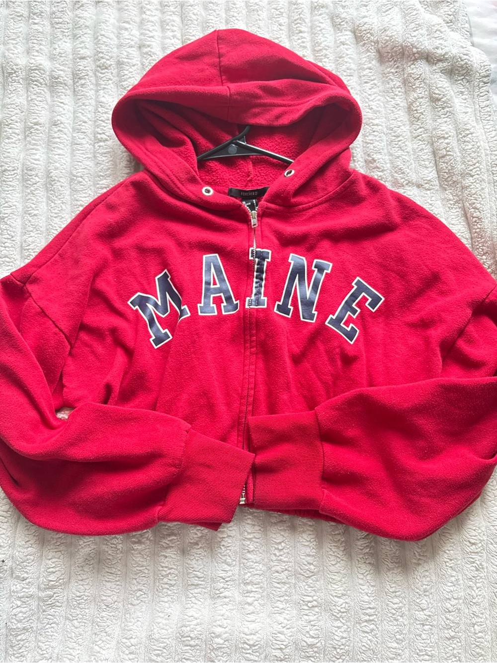 Forever 21 Red Hooded Zip-Up Jacket with 'MAINE' Lettering